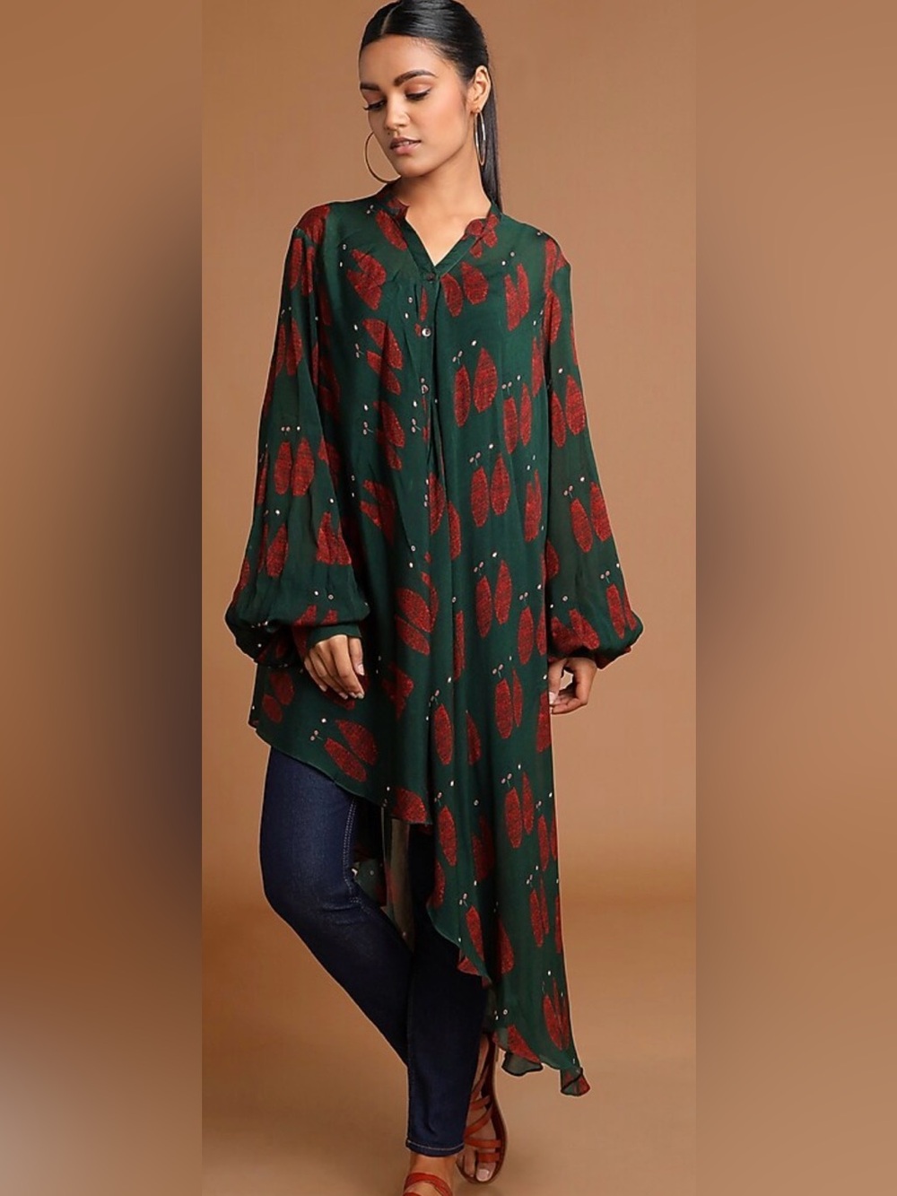 MASABA flowy silk chiffon asymmetrical dark green tunic blouse, size XXL